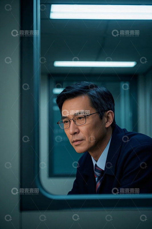 忧郁中年男子办公室内凝视