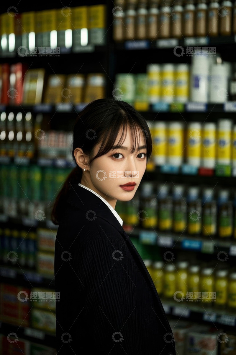 高清大图下载【趣麦麦图】超市中回眸的年轻女子