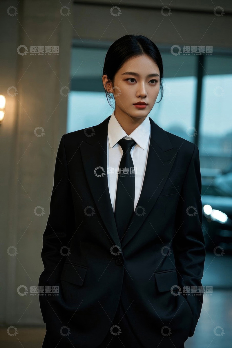 高清大图下载【趣麦麦图】身穿黑色西装的年轻女子