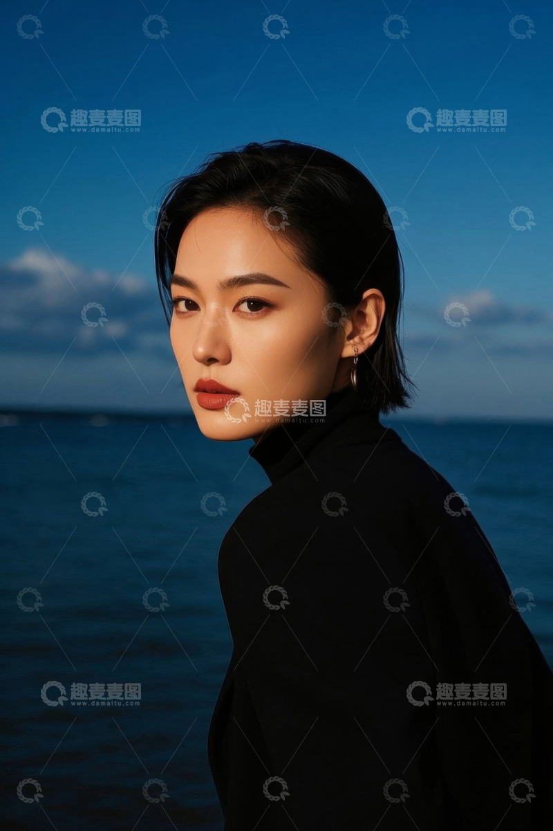 高清大图下载【趣麦麦图】海边短发女子侧颜照时尚写真