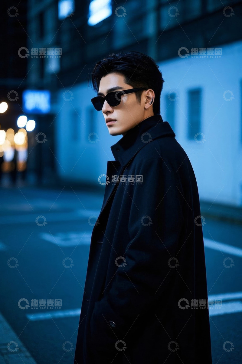 高清大图下载【趣麦麦图】夜晚都市黑衣男子时尚街拍
