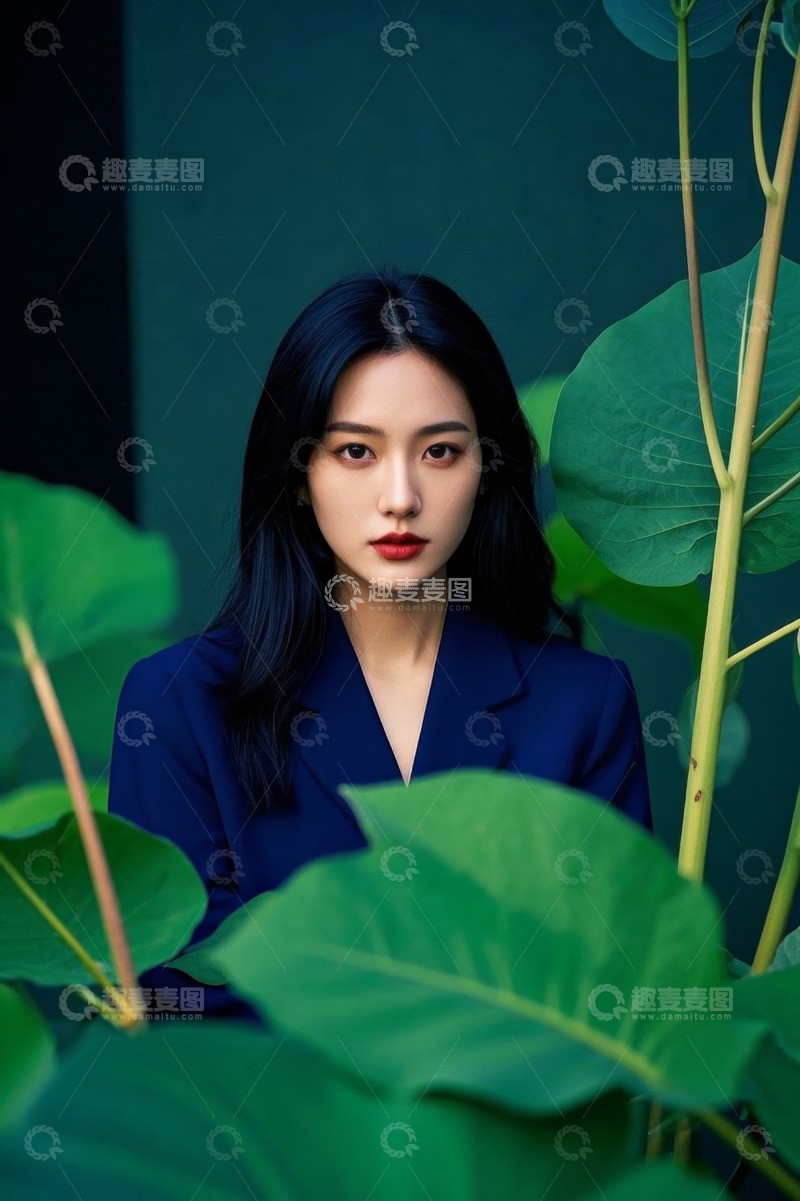 高清大图下载【趣麦麦图】时尚女性深色西装绿叶背景
