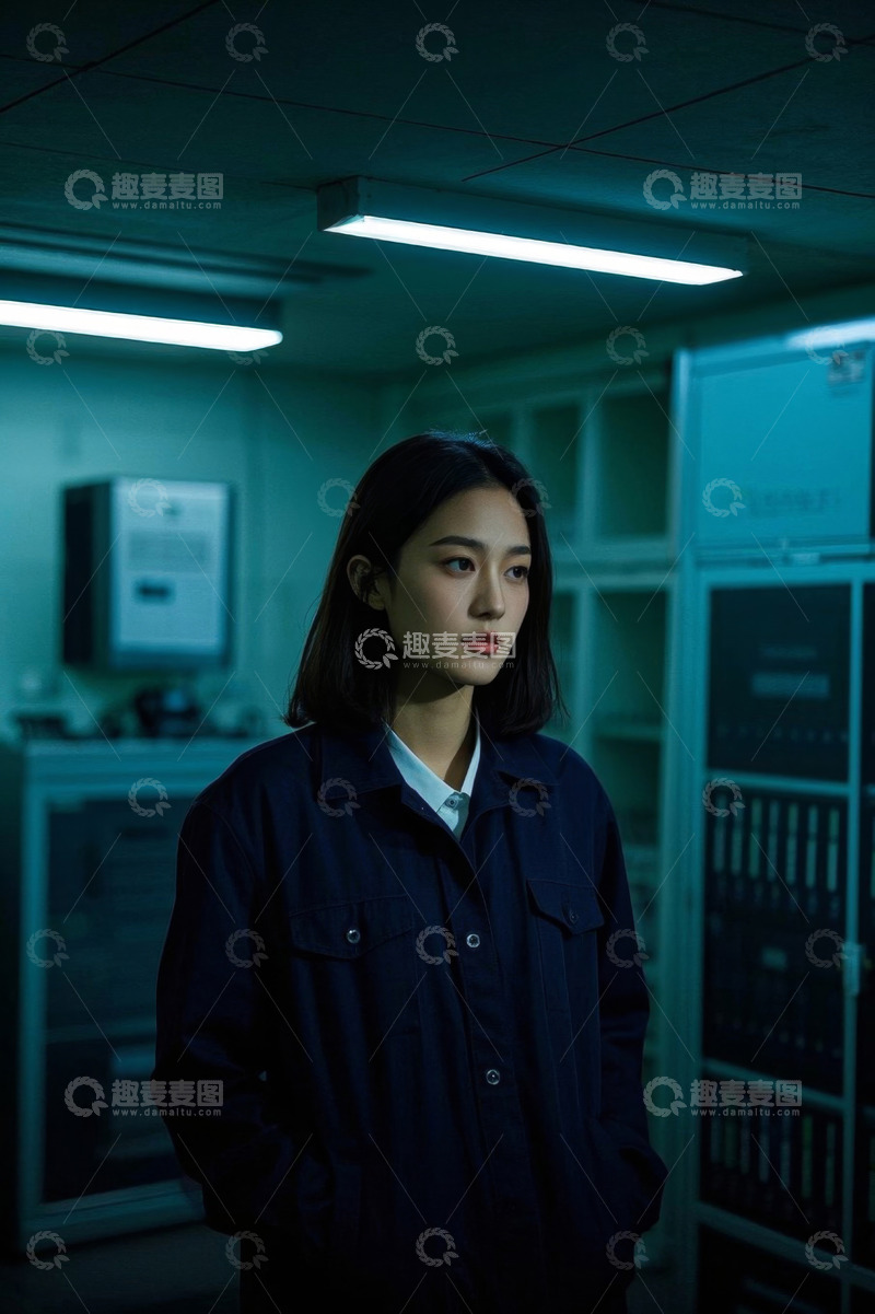 高清大图下载【趣麦麦图】女孩深夜站立科技公司走廊