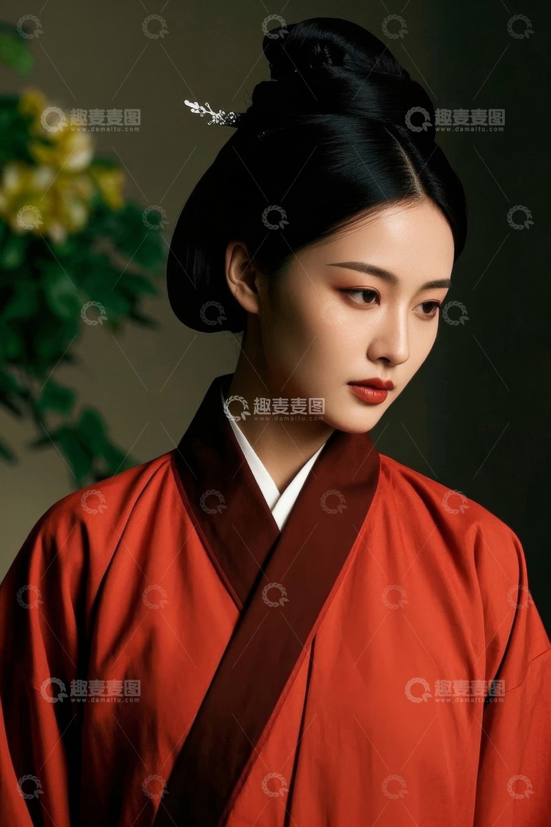 高清大图下载【趣麦麦图】身着红衣的古典女子侧颜照