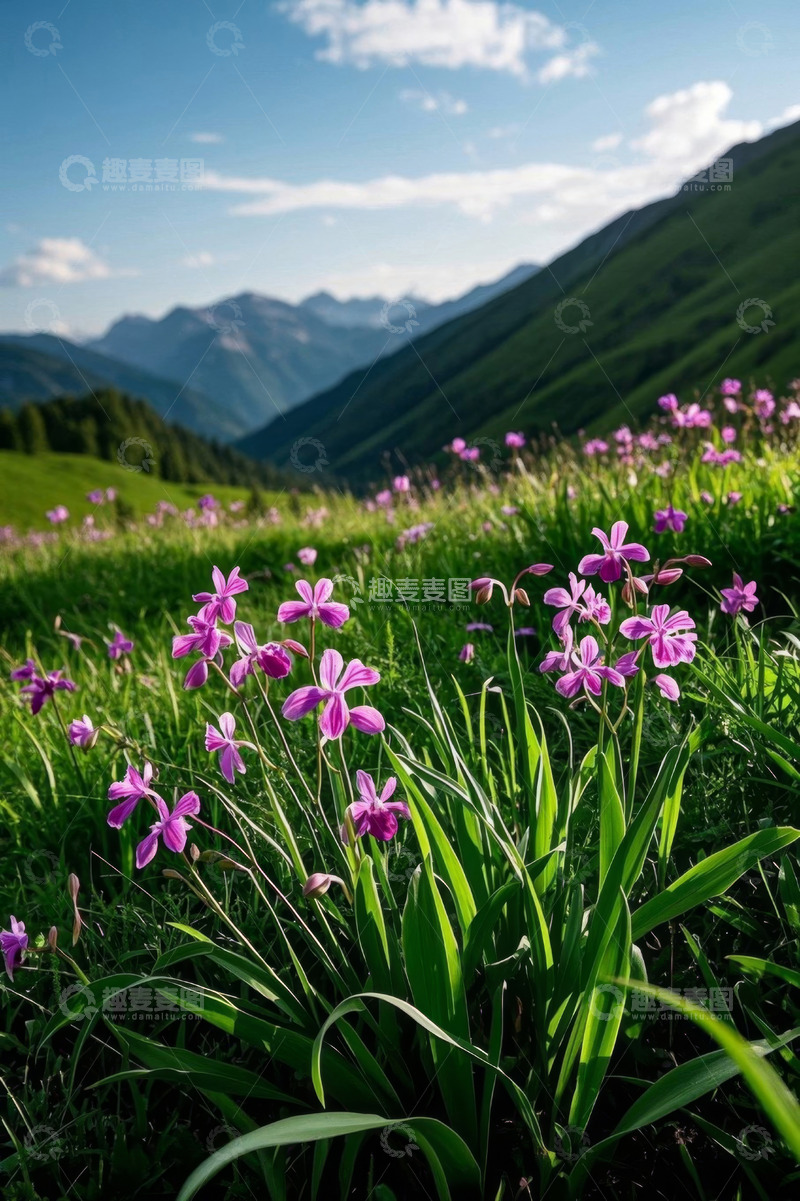 高清大图下载【趣麦麦图】山间草地紫色花朵风景