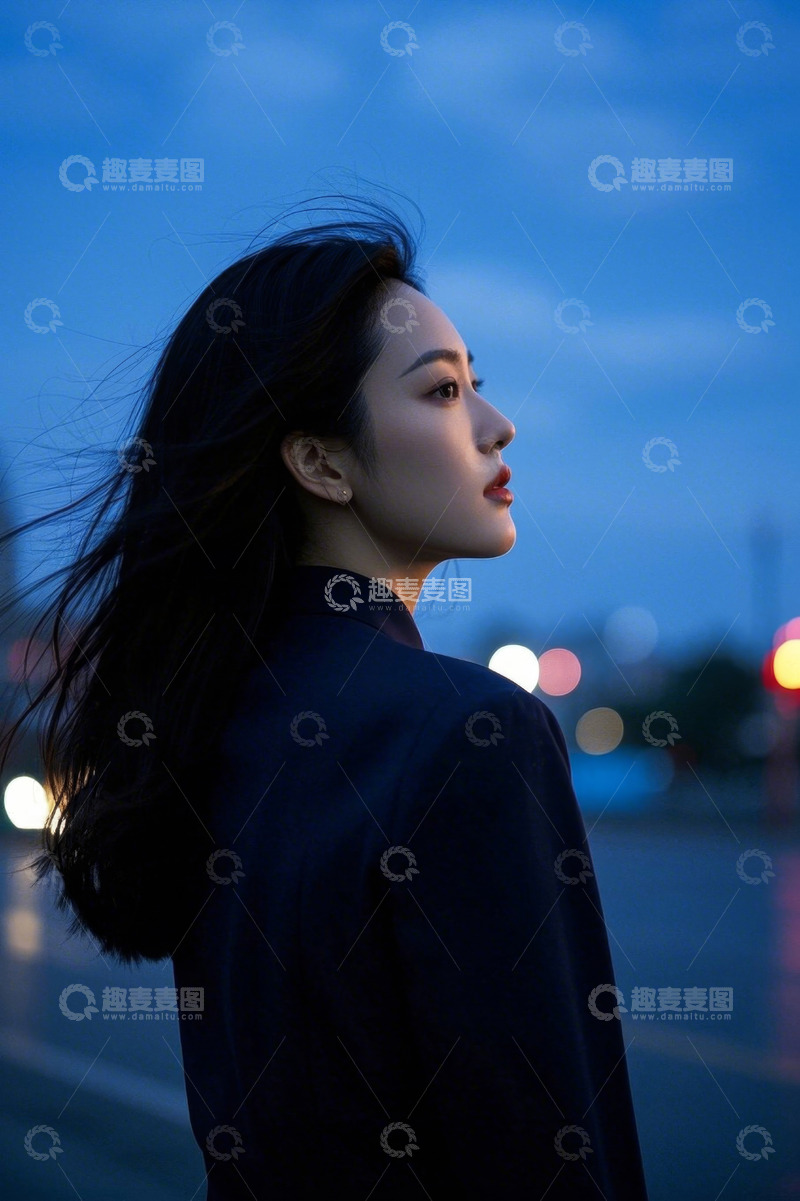 高清大图下载【趣麦麦图】夜色中凝望的女子侧颜