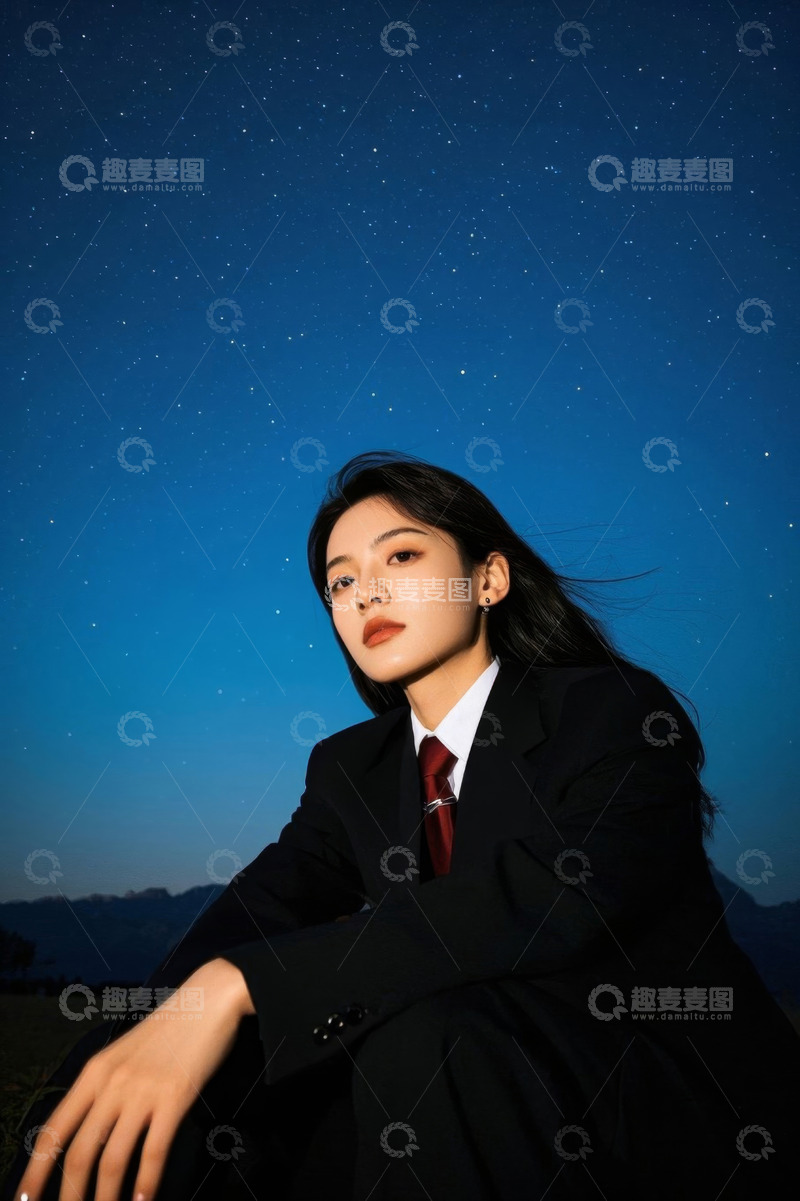 高清大图下载【趣麦麦图】星空下西装女子凝视远方
