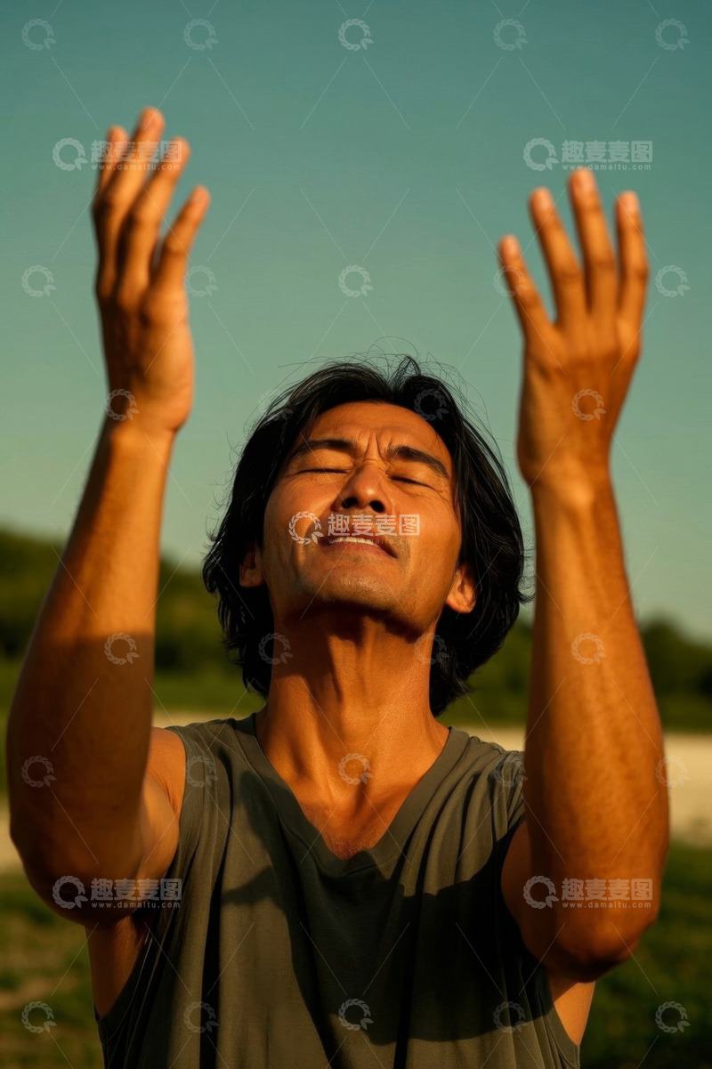 高清大图下载【趣麦麦图】男人向上举手仰望天空
