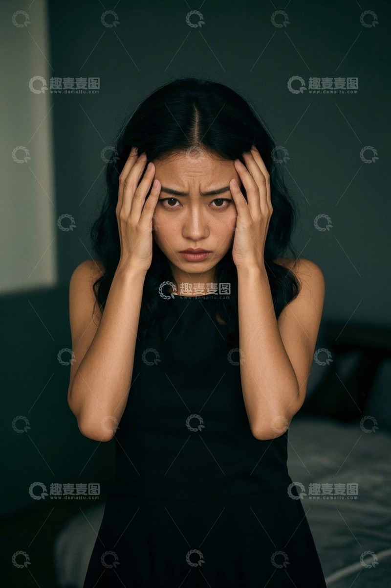 高清大图下载【趣麦麦图】忧愁女子双手扶额深思