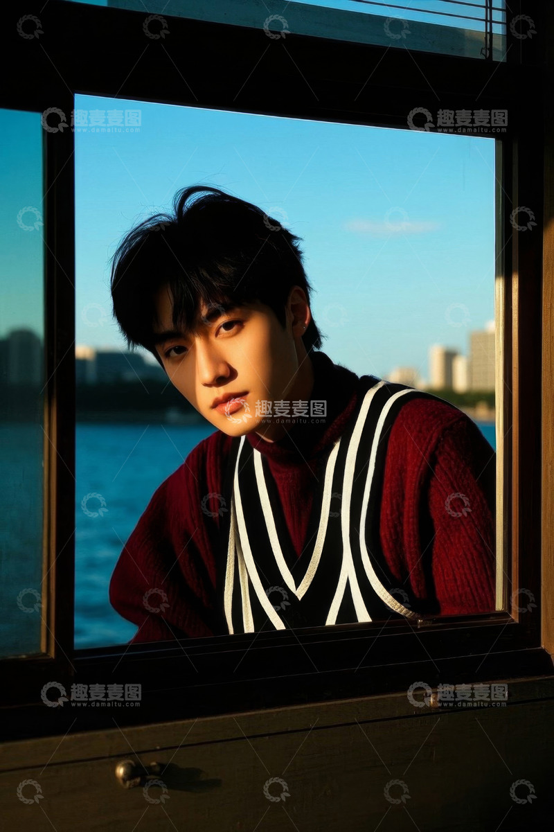 高清大图下载【趣麦麦图】阳光下年轻男子窗边侧颜照