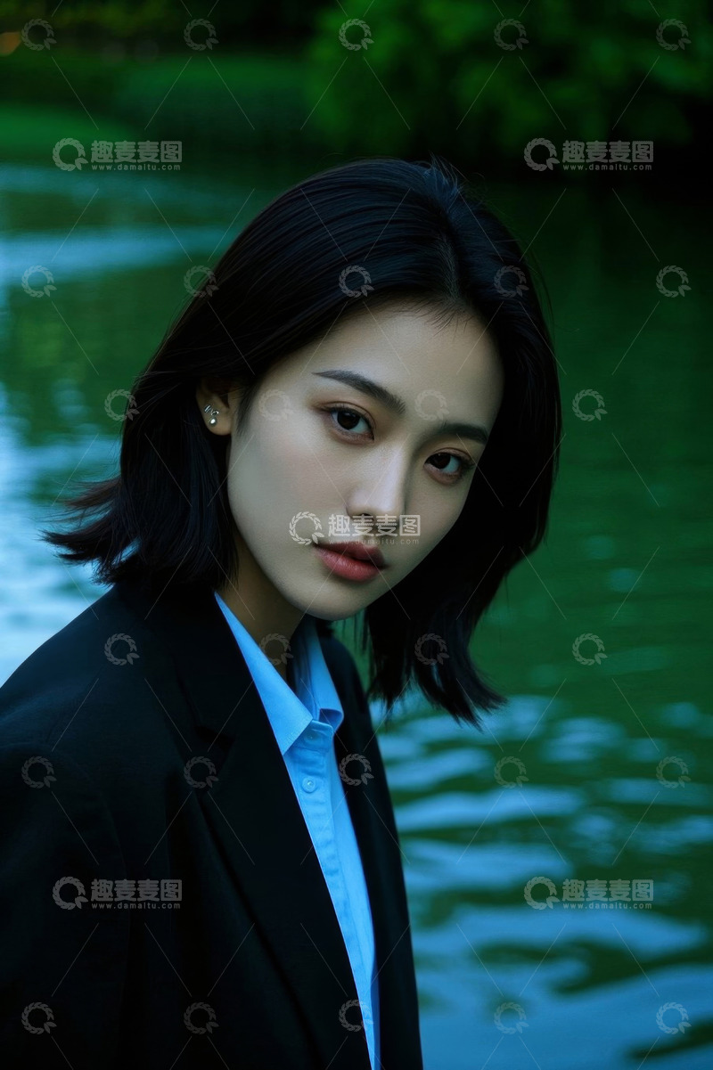 高清大图下载【趣麦麦图】湖边气质美女写真黑色西装