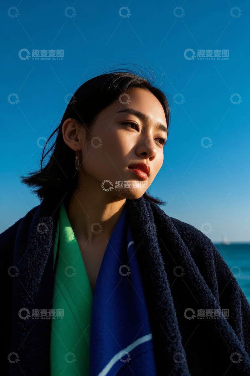 高清大图下载【趣麦麦图】蓝天碧海年轻女子侧颜照