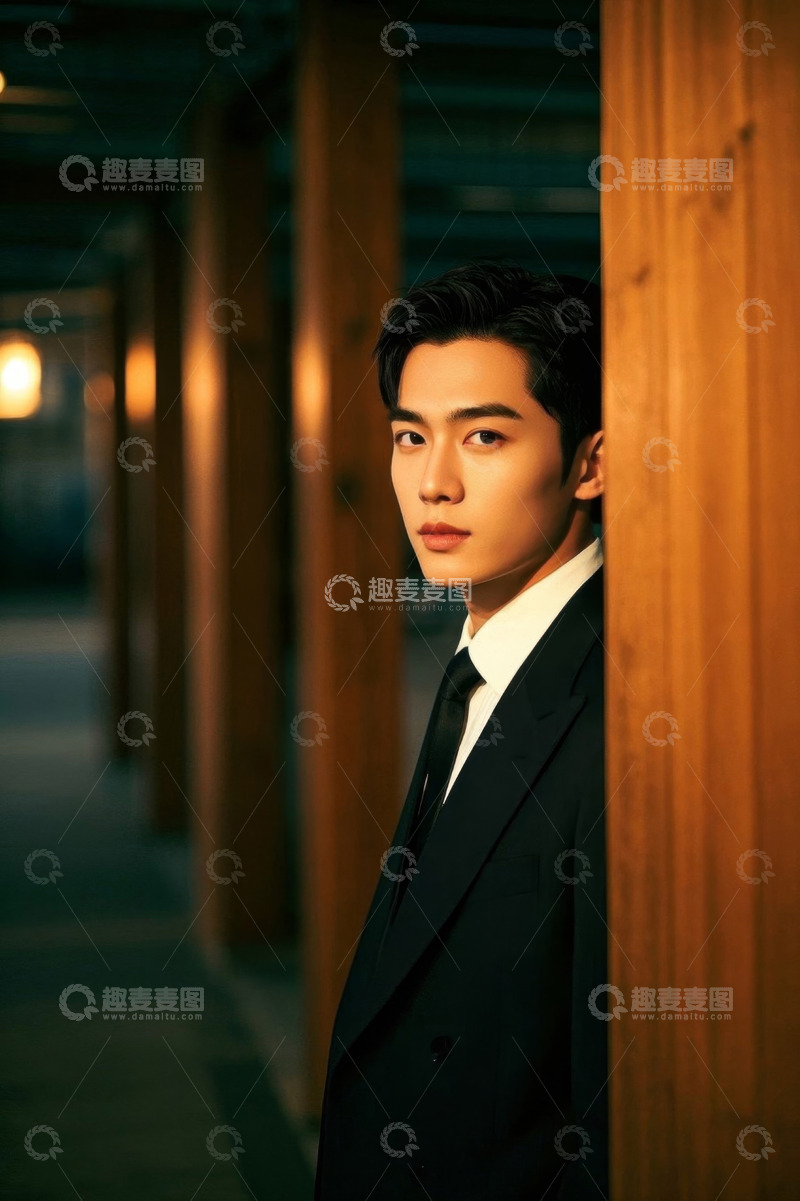 高清大图下载【趣麦麦图】西装革履男子侧身靠柱