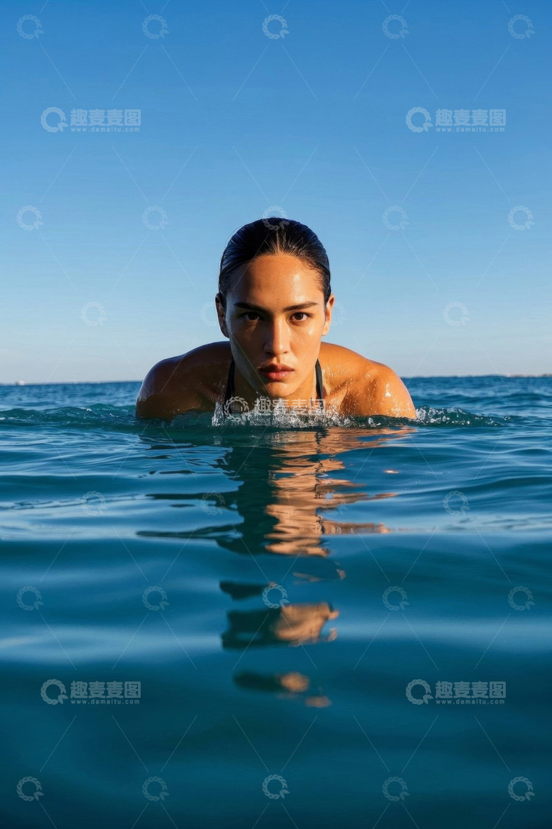 高清大图下载【趣麦麦图】女子水中半身像,清澈碧海