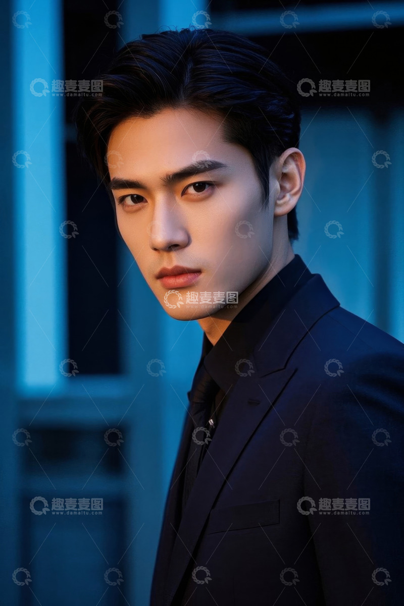 高清大图下载【趣麦麦图】蓝色背景下西装革履的年轻男子