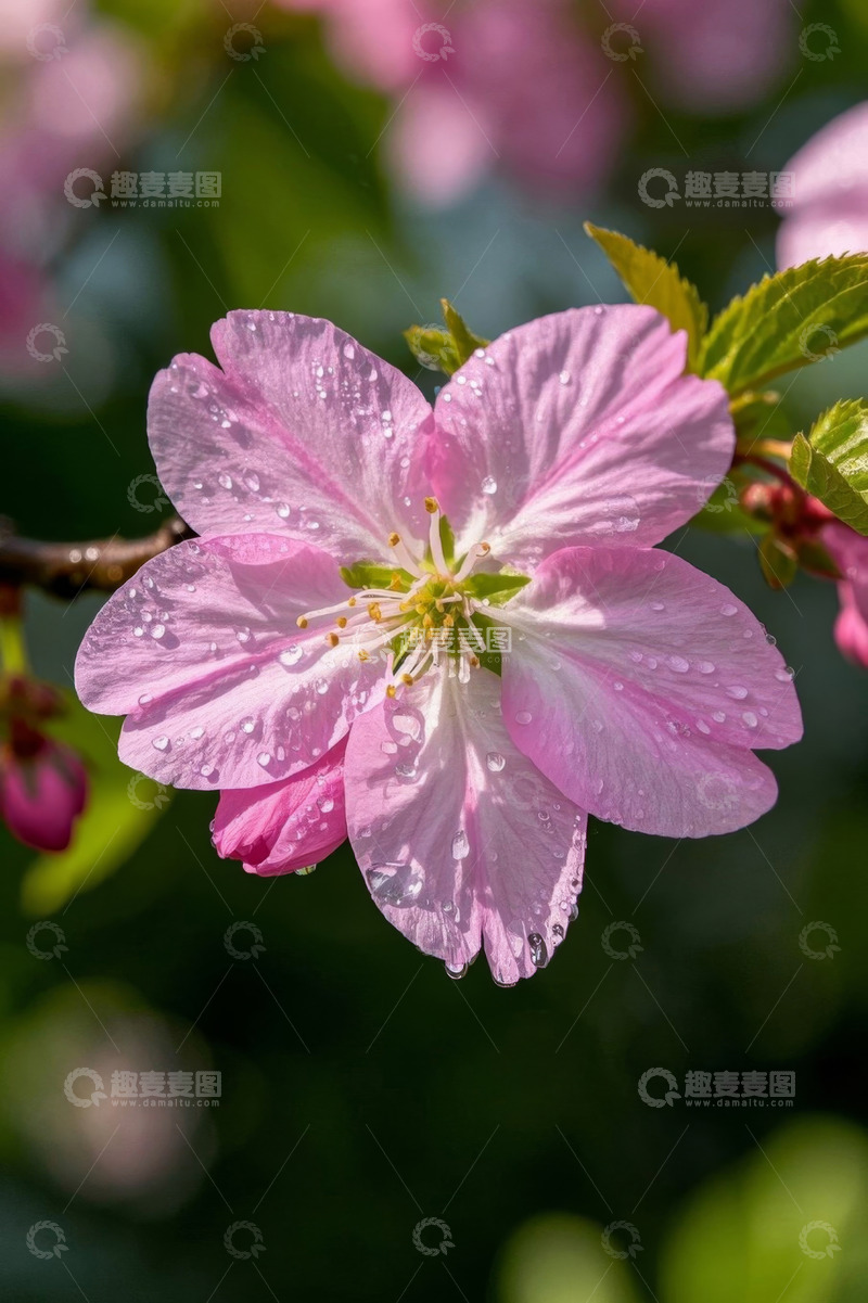 高清大图下载【趣麦麦图】带水珠的粉色樱花特写