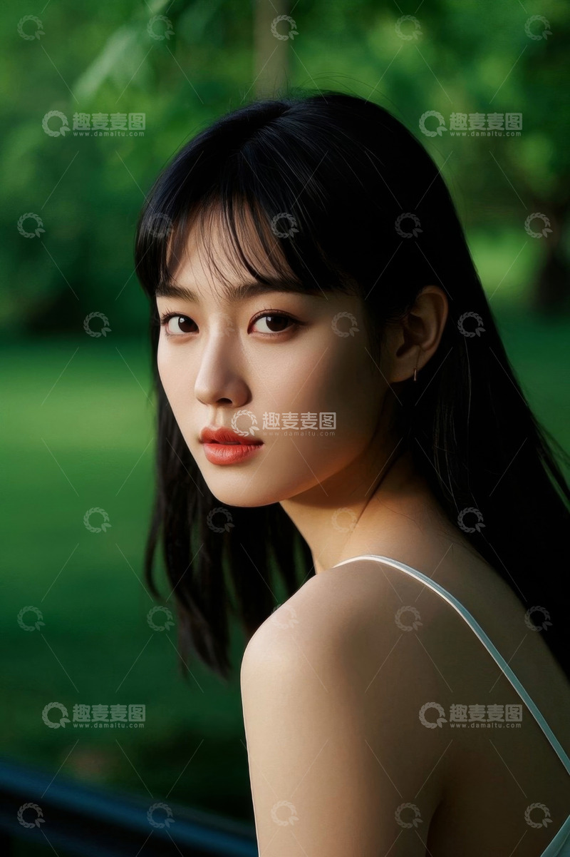 高清大图下载【趣麦麦图】绿意盎然背景下年轻女子侧颜照