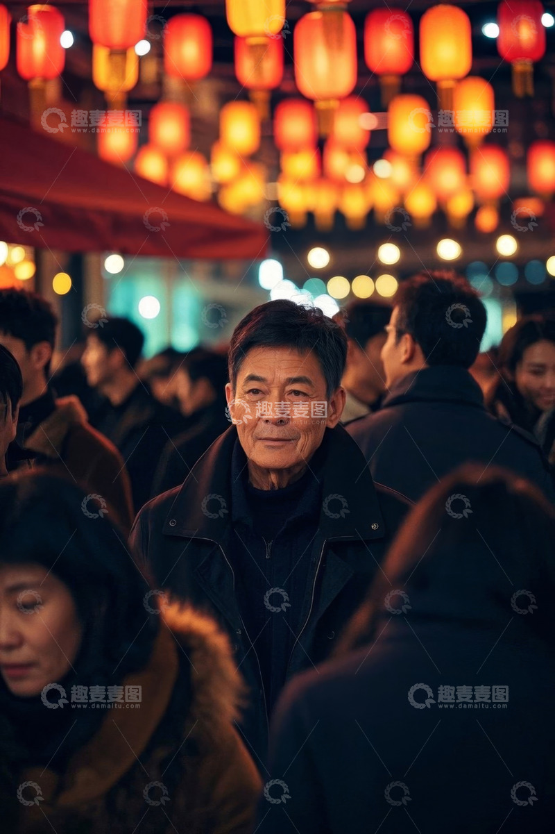高清大图下载【趣麦麦图】夜晚灯笼下人群中一位中年男子
