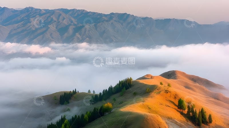 高清大图下载【趣麦麦图】晨光照耀山峦云海