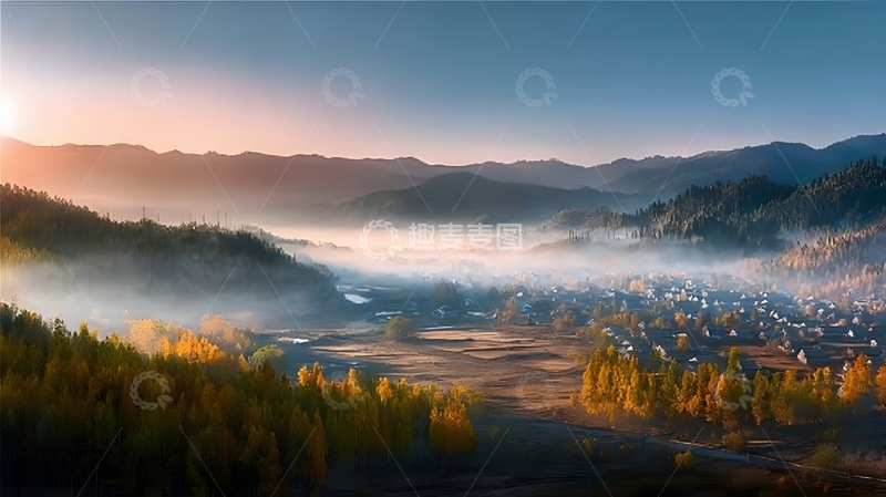 高清大图下载【趣麦麦图】晨曦山村雾霭美景