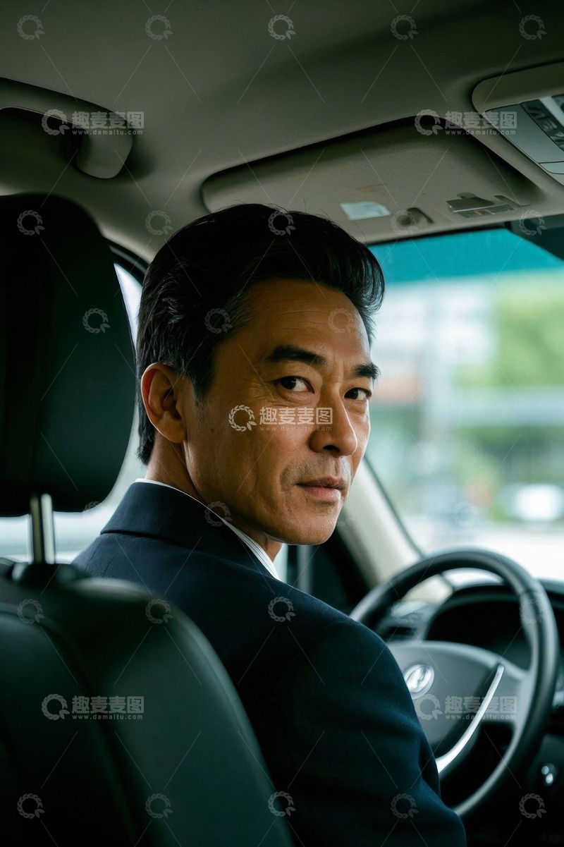 高清大图下载【趣麦麦图】西装男子车内侧脸特写凝视前方
