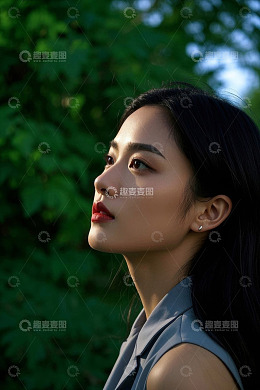 侧颜女生绿叶背景写真