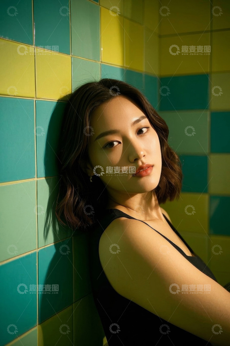 高清大图下载【趣麦麦图】女子靠墙凝视镜头眼神忧郁