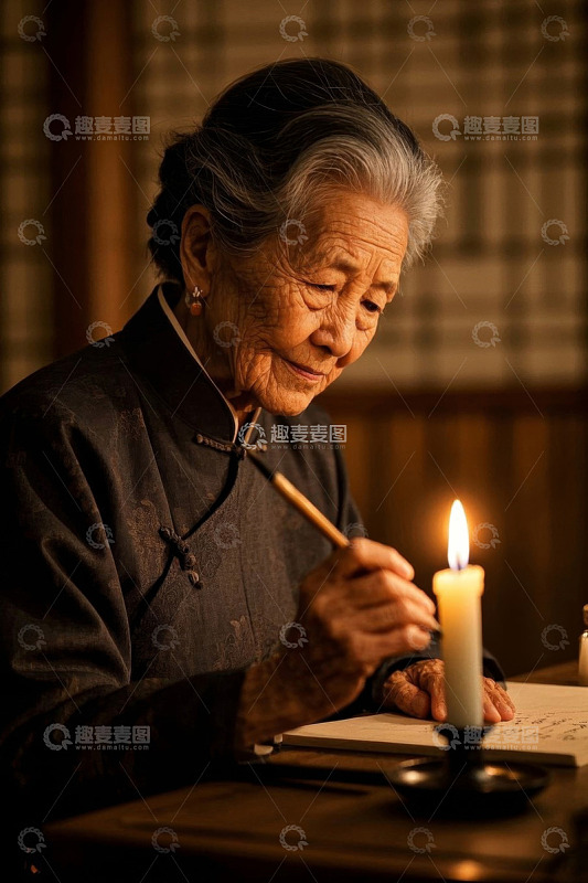 烛光下写字的老年女性