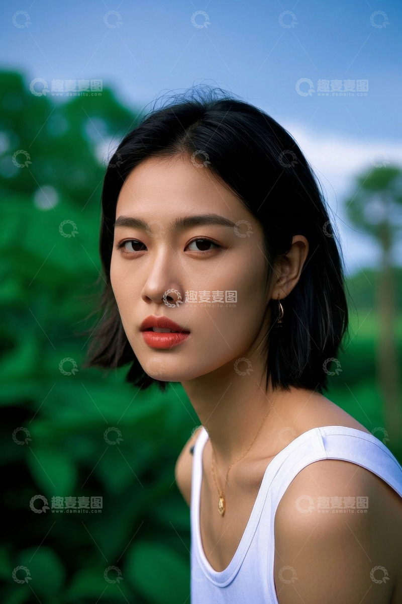 高清大图下载【趣麦麦图】绿意盎然背景下年轻女子肖像