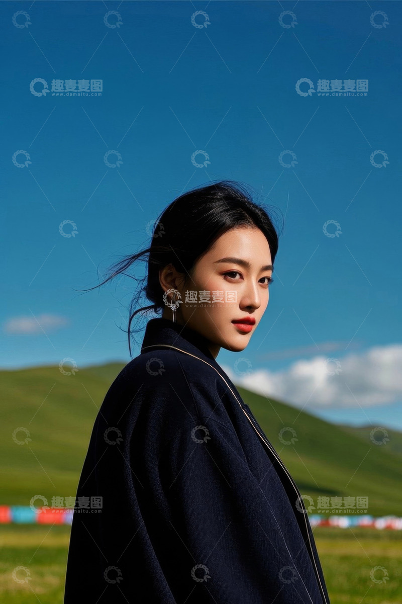 高清大图下载【趣麦麦图】草原上身穿黑色外套的年轻女子
