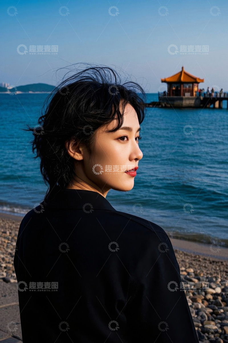 高清大图下载【趣麦麦图】海边眺望女子侧颜写真