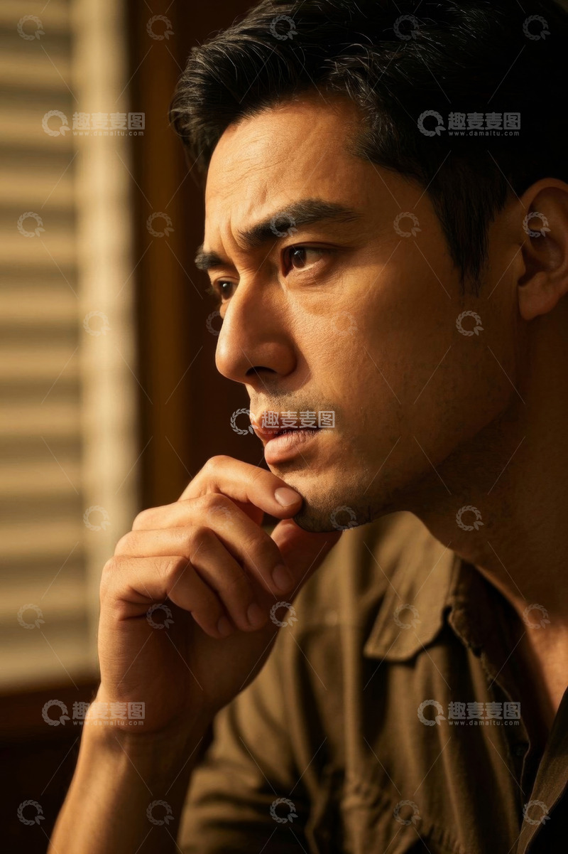 高清大图下载【趣麦麦图】忧郁眼神的亚洲男人侧颜特写