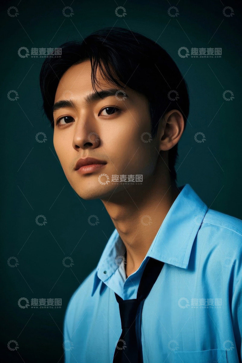 高清大图下载【趣麦麦图】蓝色衬衫年轻男子肖像写真