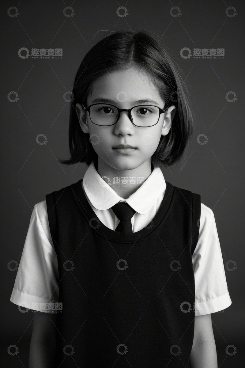 高清大图下载【趣麦麦图】戴眼镜的小女孩黑白照严肃认真