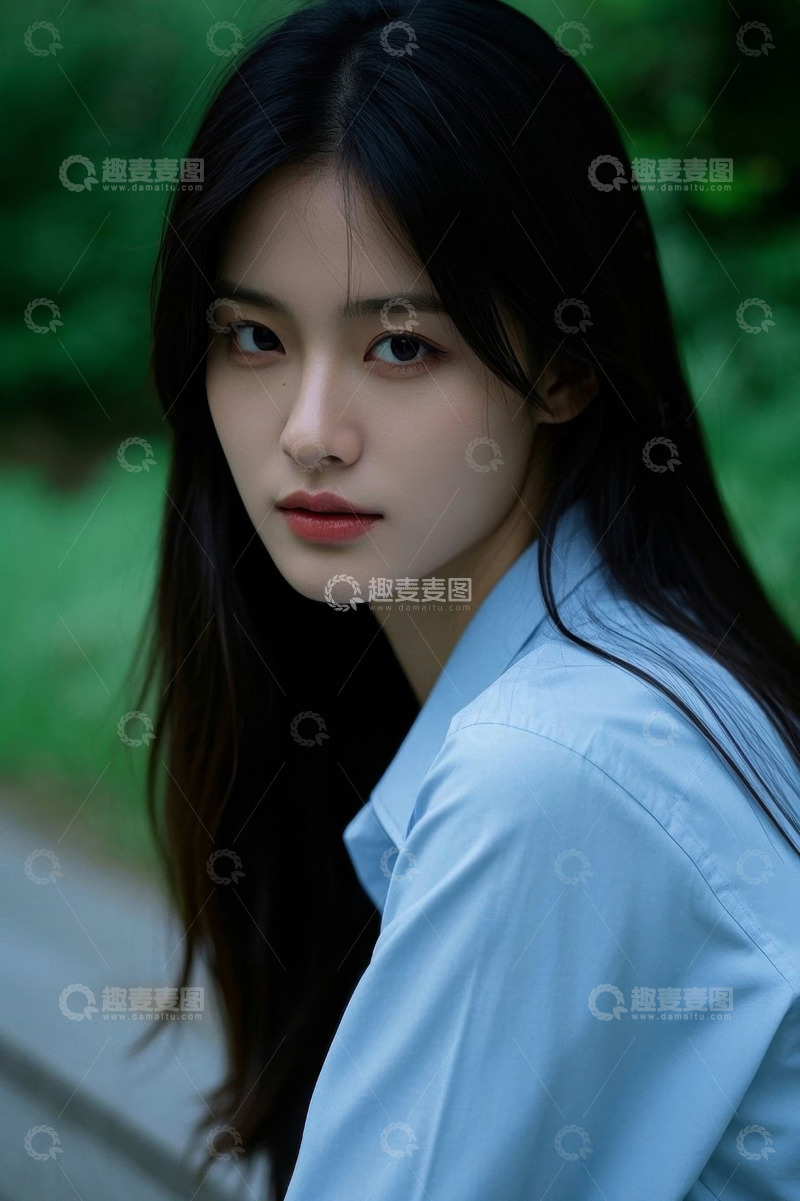 高清大图下载【趣麦麦图】清纯女孩侧颜照浅蓝色衬衫