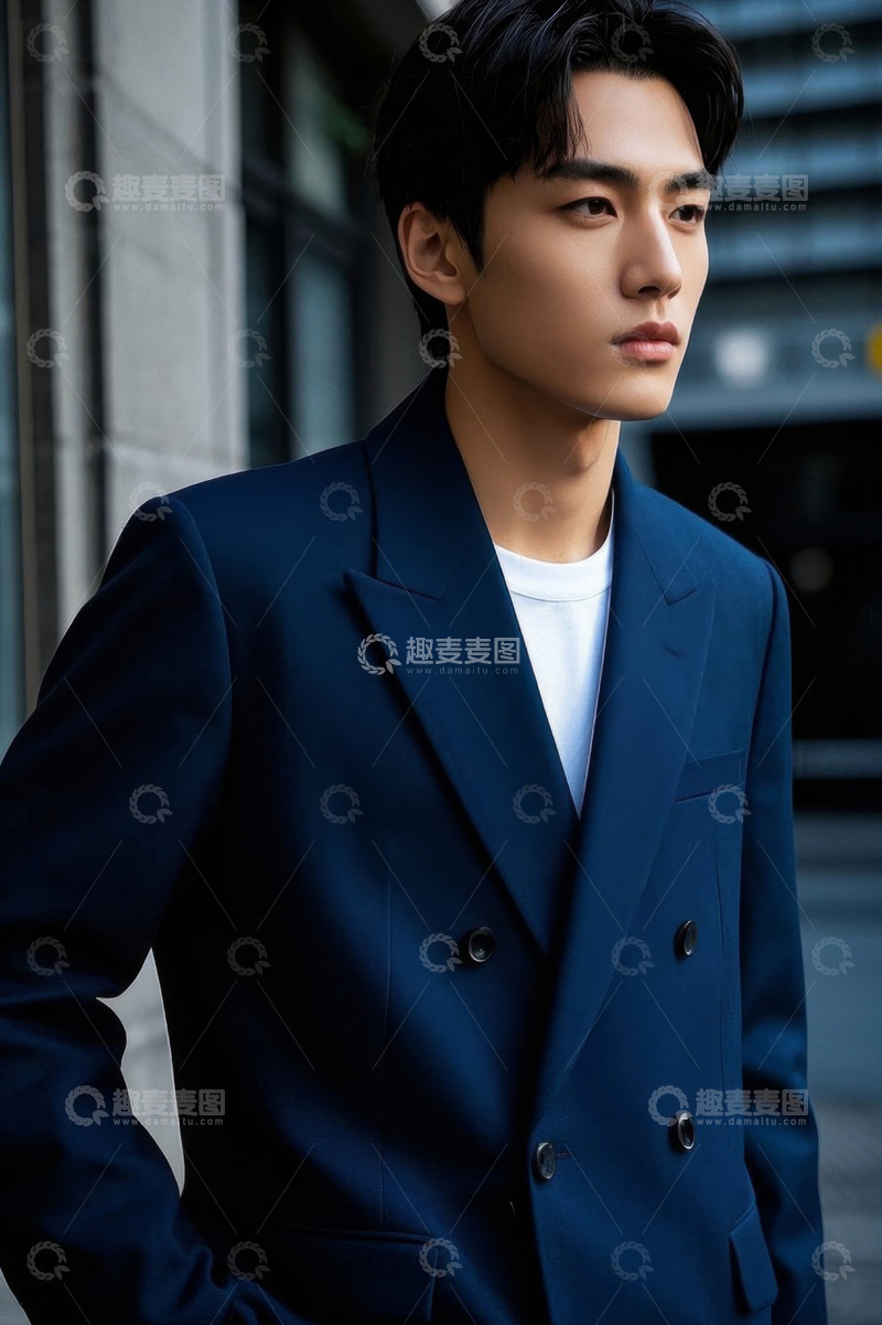 高清大图下载【趣麦麦图】青年男子穿着深蓝色西装英俊潇洒
