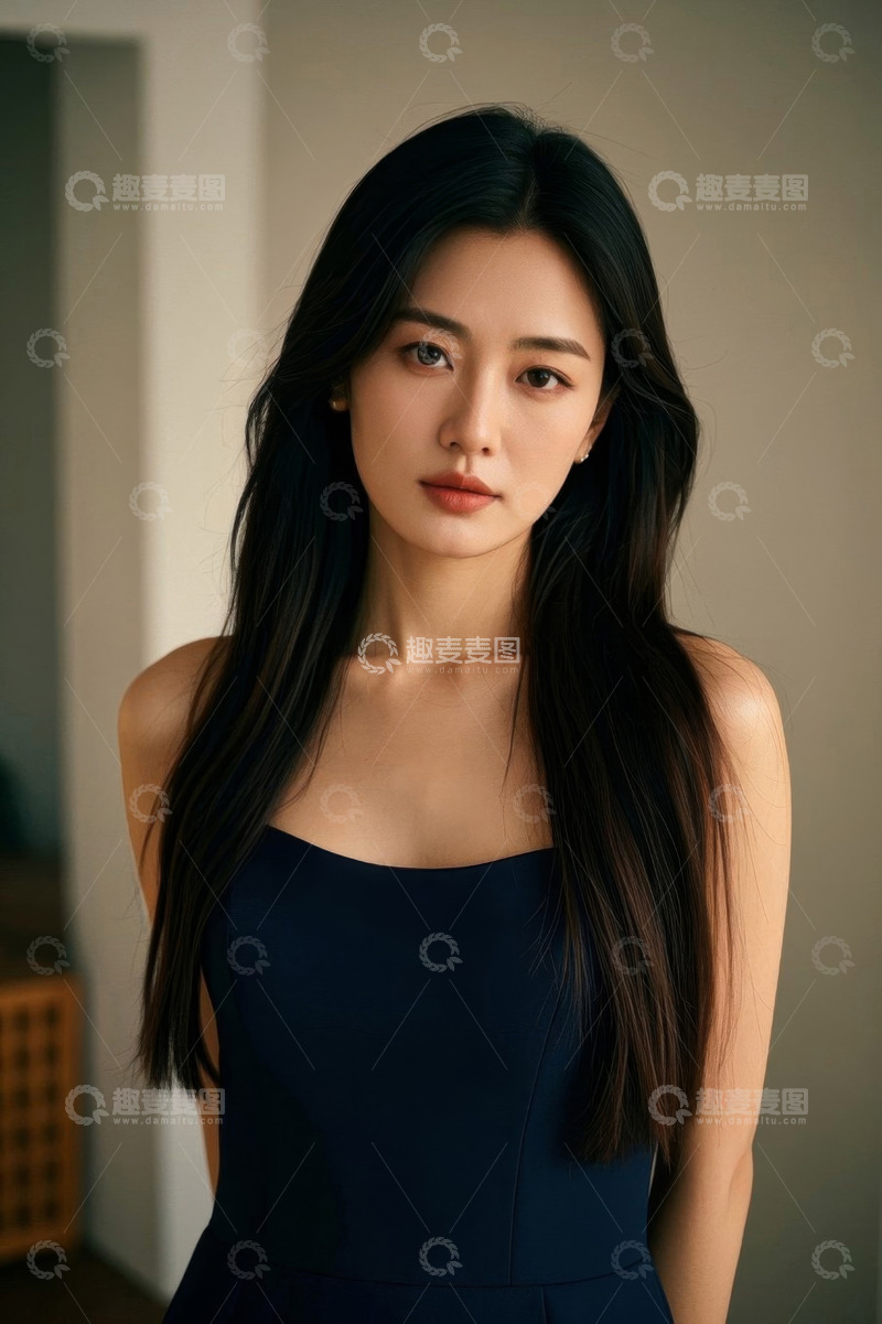 高清大图下载【趣麦麦图】优雅女子身穿深色连衣裙肖像照