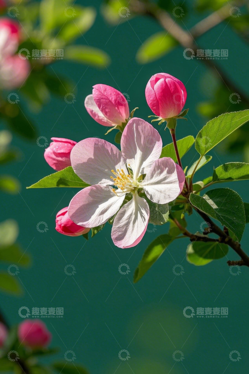 高清大图下载【趣麦麦图】特写粉色苹果花与绿叶