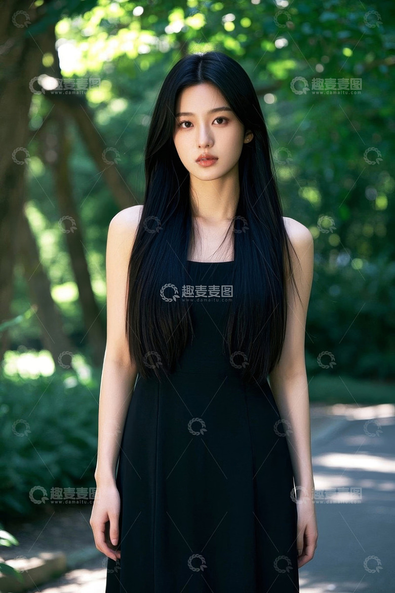 绿荫下身着黑裙的年轻女子
