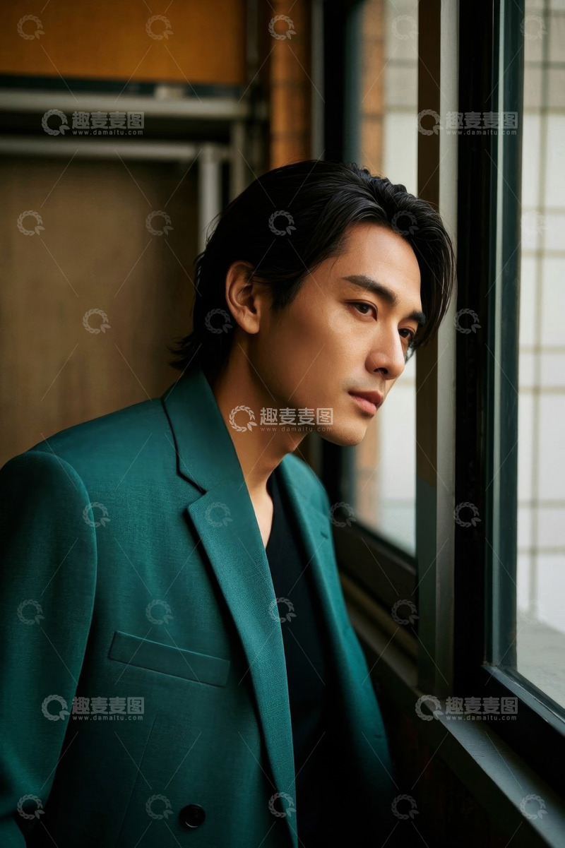 高清大图下载【趣麦麦图】忧郁男子窗边凝望深邃眼神
