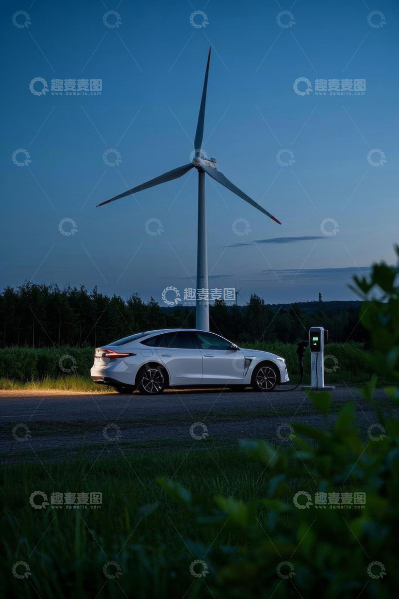 高清大图下载【趣麦麦图】郊外电动汽车在风力发电机旁充电
