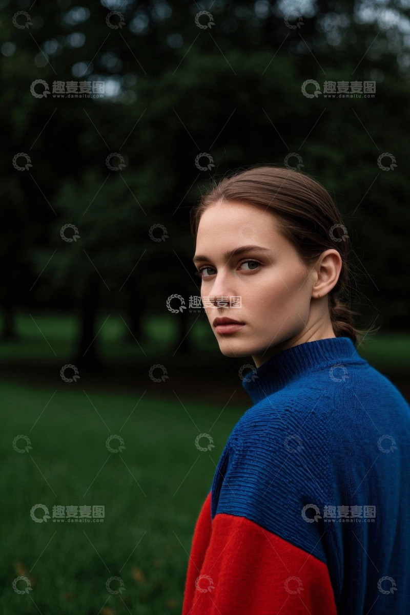 高清大图下载【趣麦麦图】公园里回眸的女子，穿着红蓝撞色毛衣