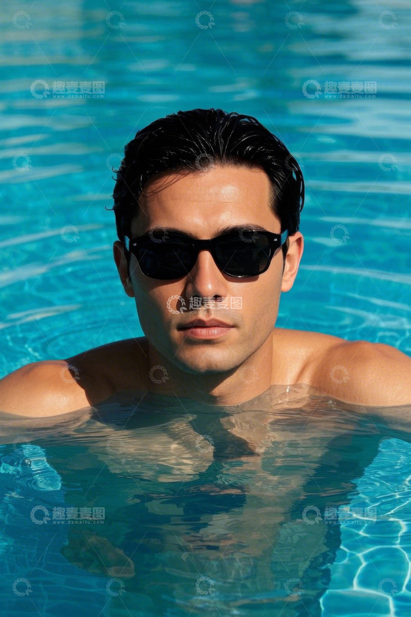 高清大图下载【趣麦麦图】阳光下游泳池里的俊美男子