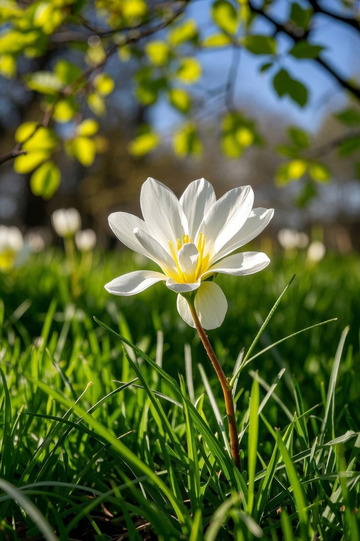 阳光下草地中的白色花朵