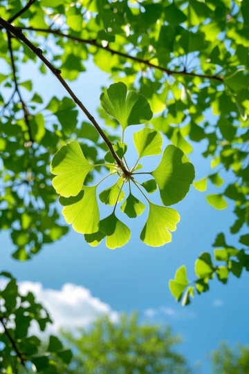 阳光下的银杏树叶特写