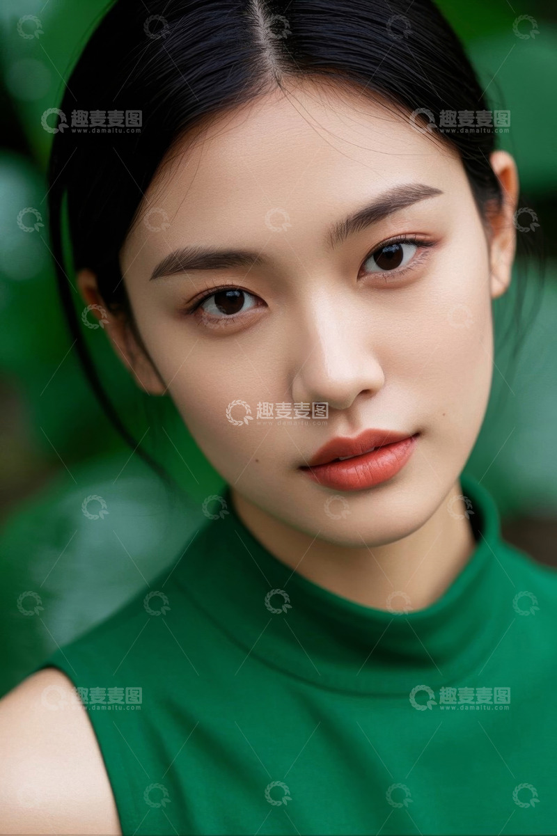 高清大图下载【趣麦麦图】绿衣女子近景肖像写真