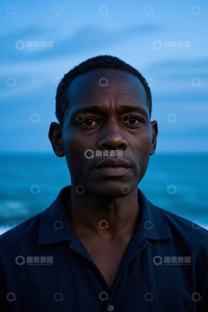 高清大图下载【趣麦麦图】傍晚海边忧郁男子肖像