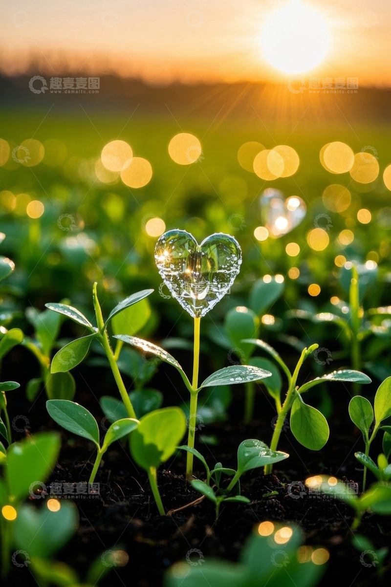高清大图下载【趣麦麦图】阳光下田野中心形水珠的绿植