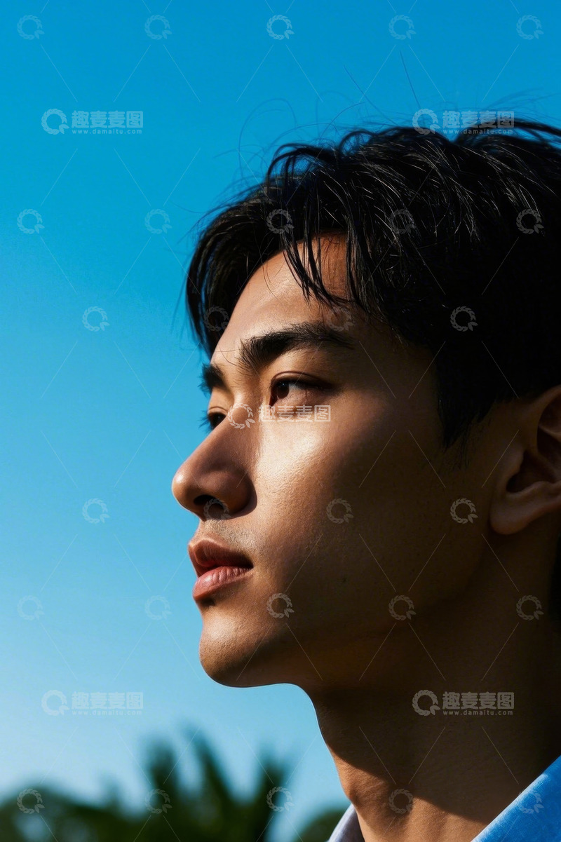 高清大图下载【趣麦麦图】阳光下侧脸的亚洲年轻男子