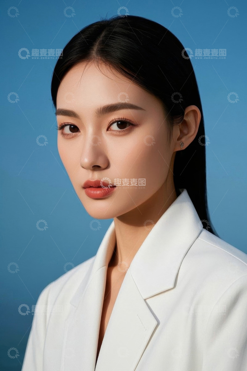 高清大图下载【趣麦麦图】时尚白西装女子写真蓝色背景
